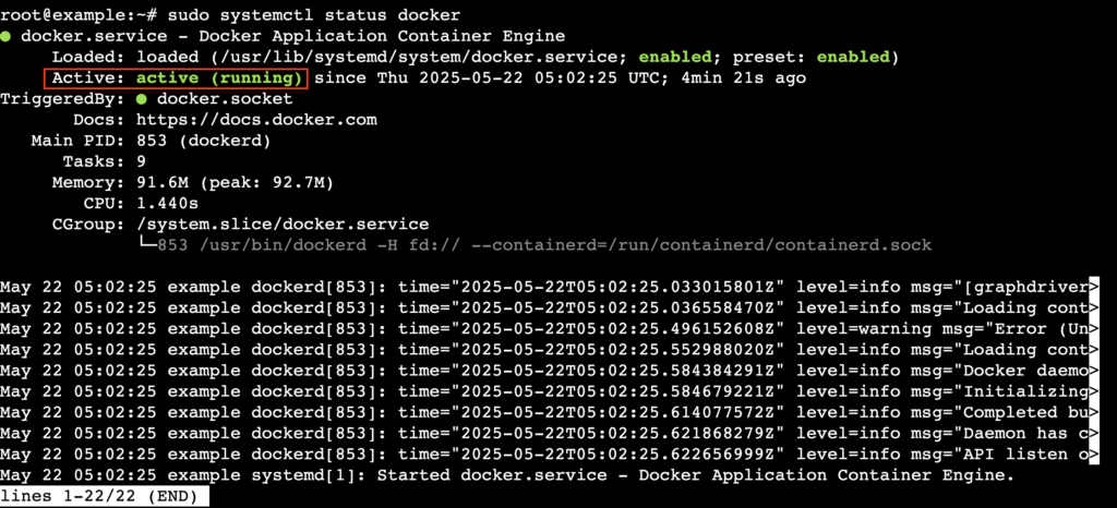Sortie du terminal indiquant que Docker est actif et en cours d’exécution