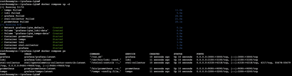 Une sortie terminale montrant les services Docker en cours d'exécution
