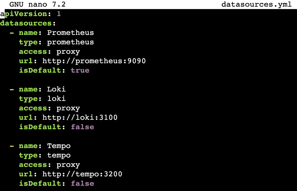 Contenu du fichier des sources de données Grafana