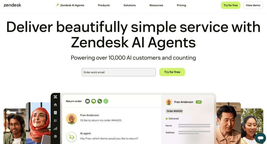 Page d’accueil de Zendesk