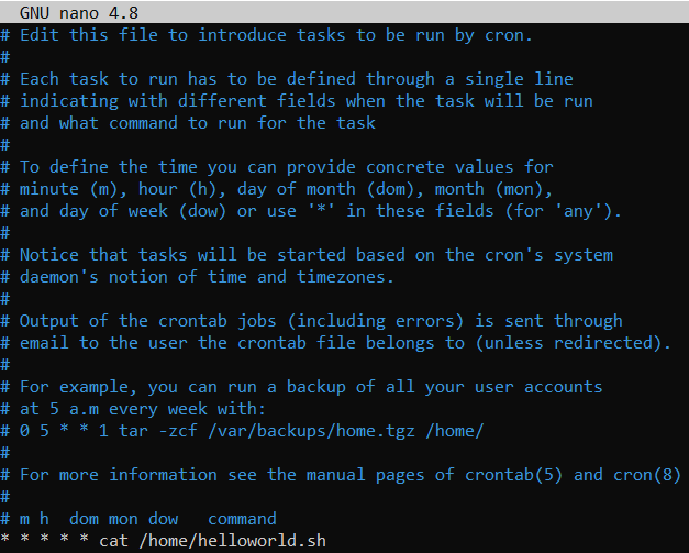 Fenêtre de terminal avec l’éditeur nano ouvert. Le contenu d’un fichier crontab est affiché et la dernière ligne montre une tâche cron qui exécute notre script toutes les minutes.