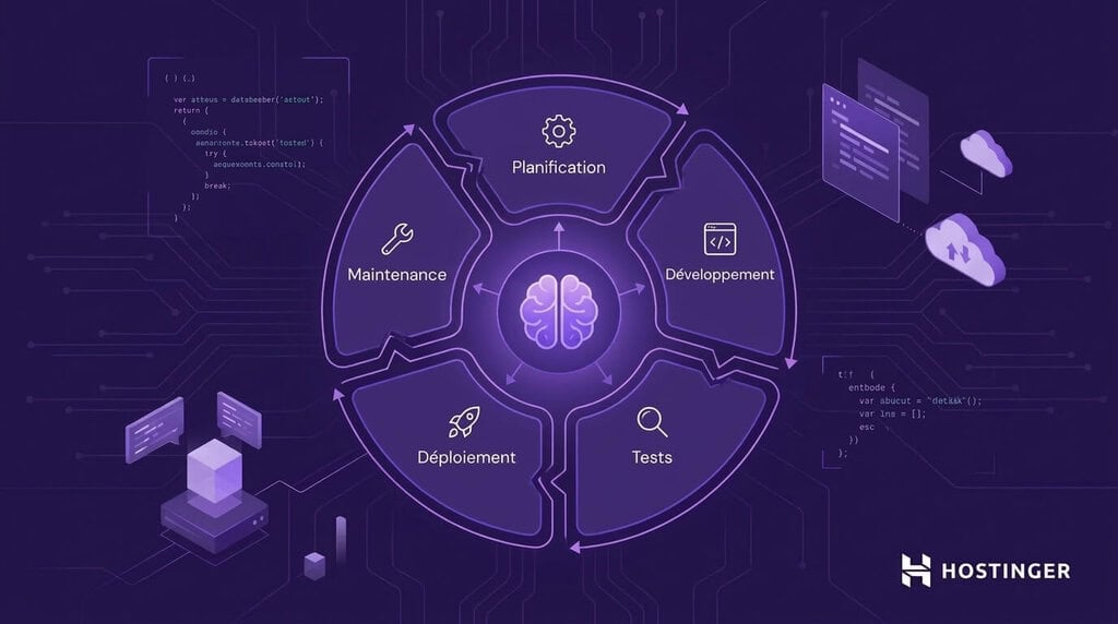 illustration technique représentant un système d'agents IA d'ingénierie comportant cinq nœuds de cycle de vie interconnectés — Planification, Codage, Tests, Déploiement et Maintenance — organisés selon un flux circulaire