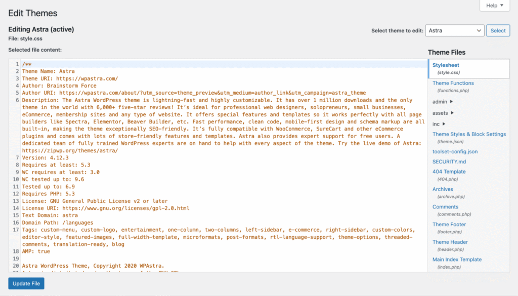wordpress-theme-file-editor-style-css-with-sidebar Éditeur de fichiers des thèmes WordPress affichant le fichier style.css d’un thème et la barre latérale des fichiers modifiables