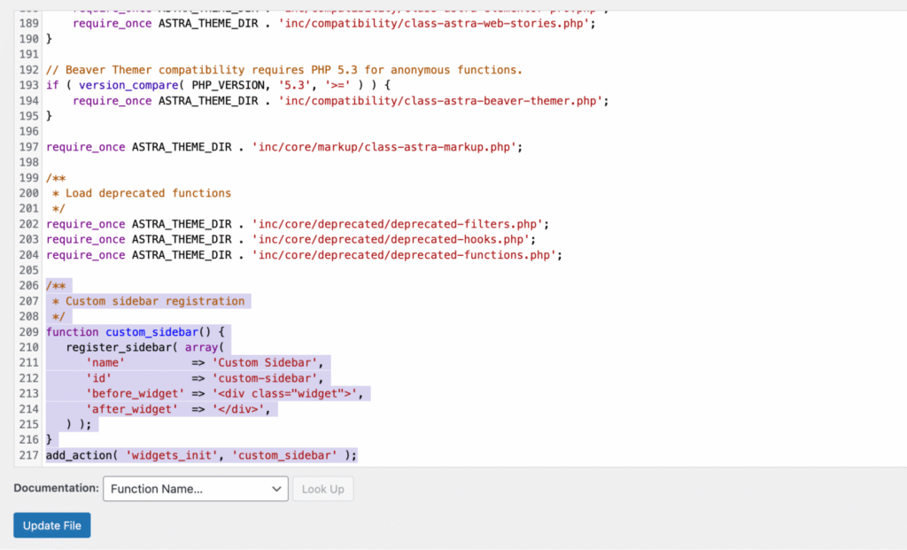 wordpress-theme-file-editor-functions-php-custom-sidebar-code Éditeur de fichiers des thèmes affichant le code d’une barre latérale personnalisée ajouté à la fin du fichier functions.php