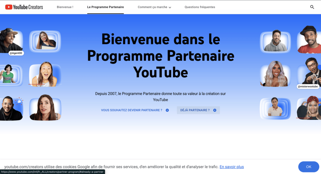 Page du programme partenaire YouTube