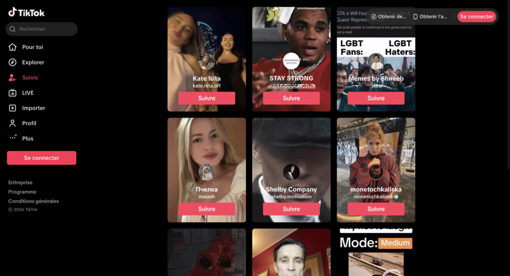 Page de la plateforme TikTok
