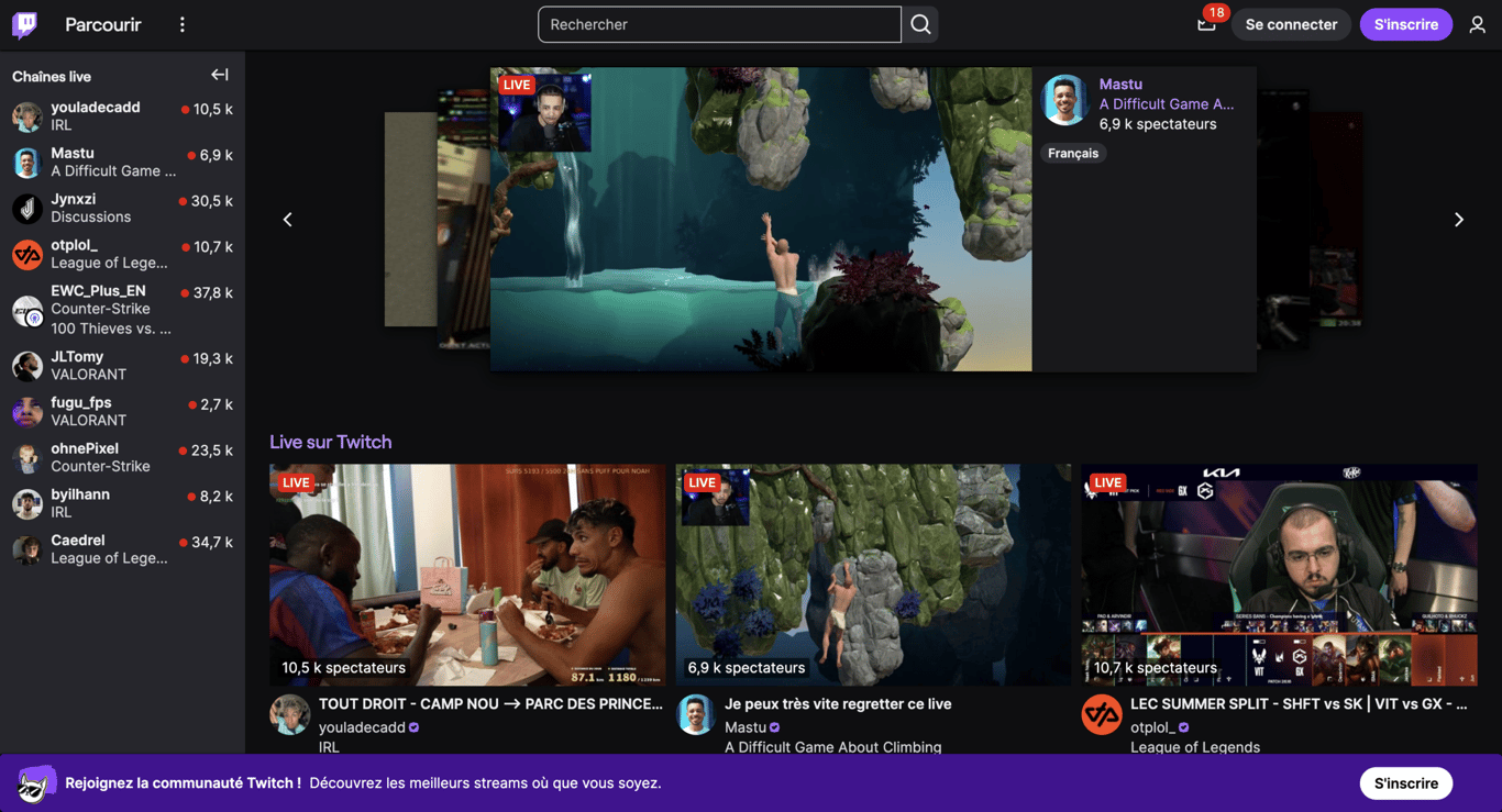 Page de la plateforme Twitch