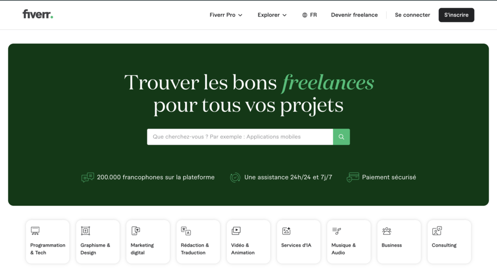 Page de la plateforme de Fiverr