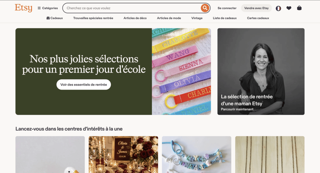 Page d'accueil de la plateforme de vente Etsy