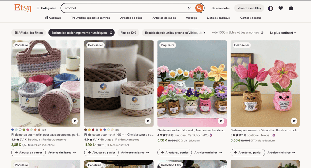 Page de la plateforme de vente Etsy
