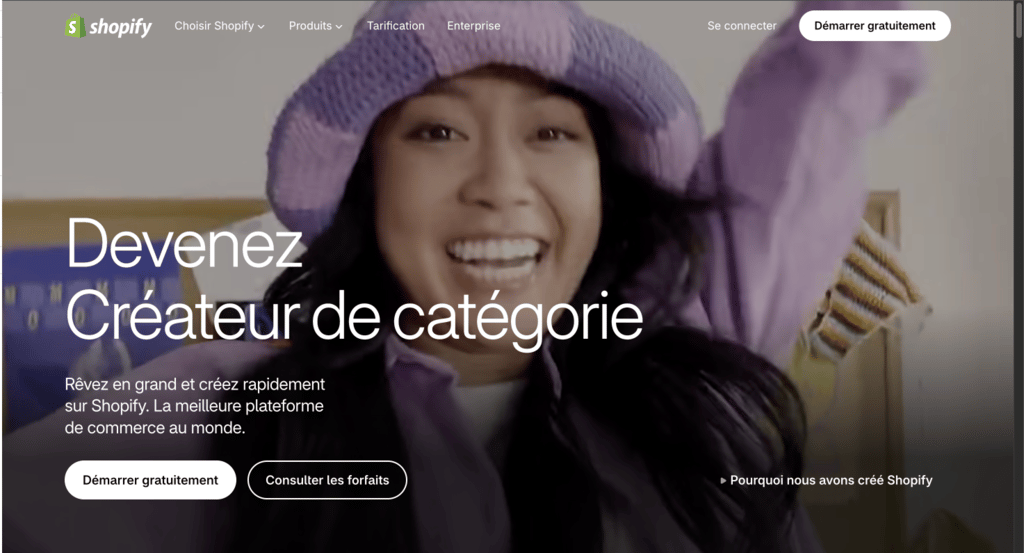 Page d’accueil de la plateforme e-commerce Shopify