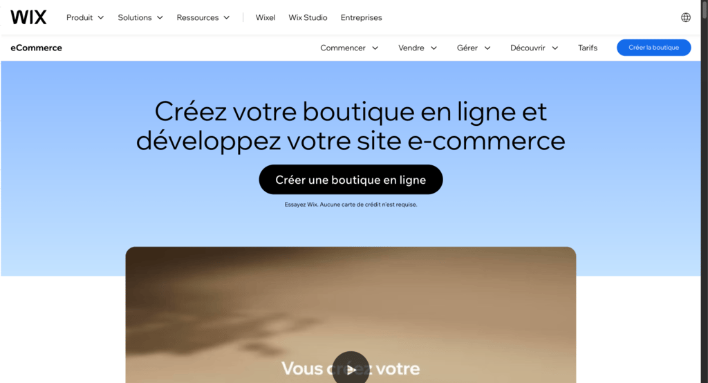 Page d’accueil de la solution Wix Ecommerce