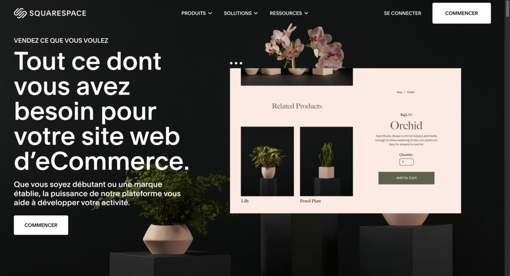 Page d’accueil de la solution e-commerce Squarespace Commerce