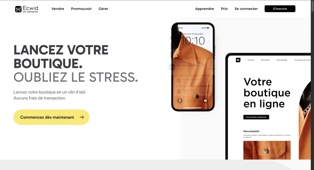 Page d’accueil de la plateforme e-commerce Ecwid