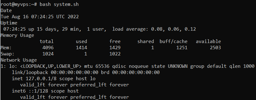 Script Bash affichant des informations générales sur le système : la date, la durée de fonctionnement, l'utilisation de la mémoire et l'activité du réseau.