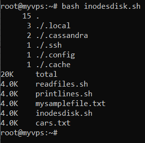 Fenêtre de terminal affichant le résultat d'un script Bash qui compte les inodes et affiche l'utilisation du disque.