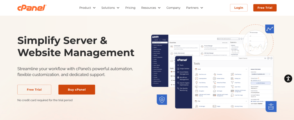 Page d'accueil de cPanel