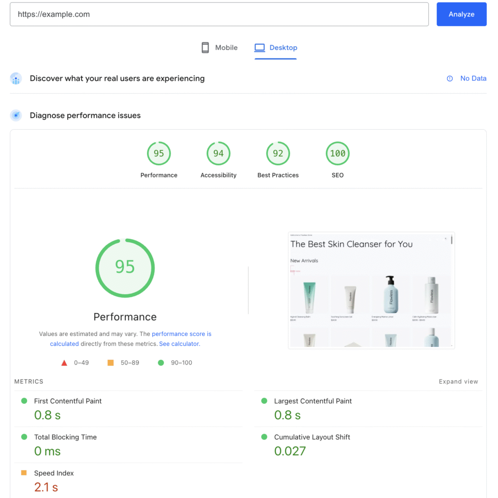 &Eacute;valuation du site avec Google PageSpeed Insights