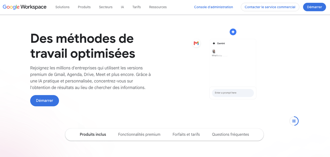 Page d'accueil de Google Workspace