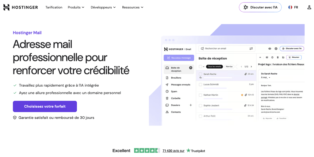 Page d'accueil de Hostinger Business Email