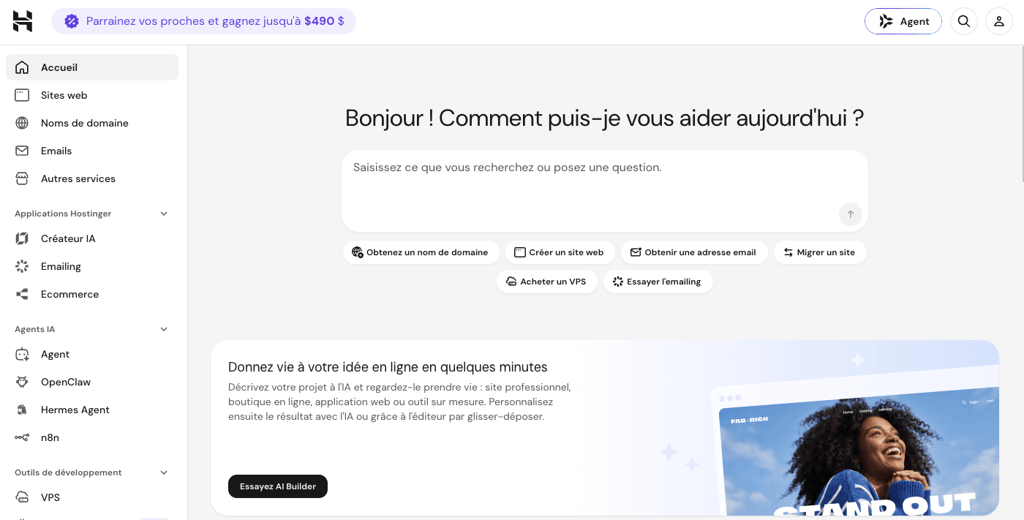 La page hPanel d'Hostinger