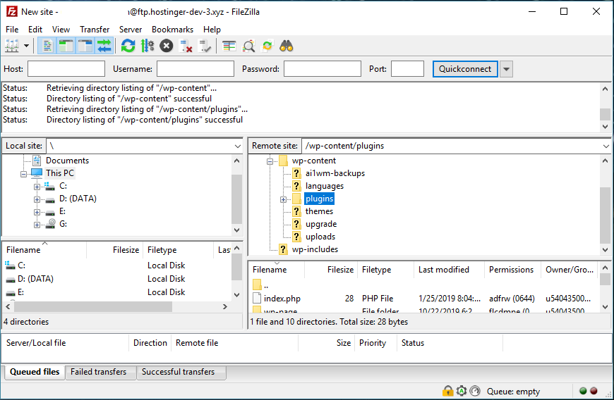 Interface du client FTP FileZilla lors du t&eacute;l&eacute;versement d'un fichier de plugin WordPress
