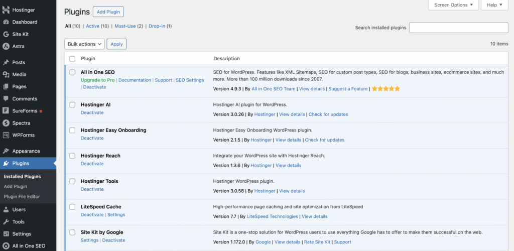 The Installed Plugins menu on a WordPress dashboard