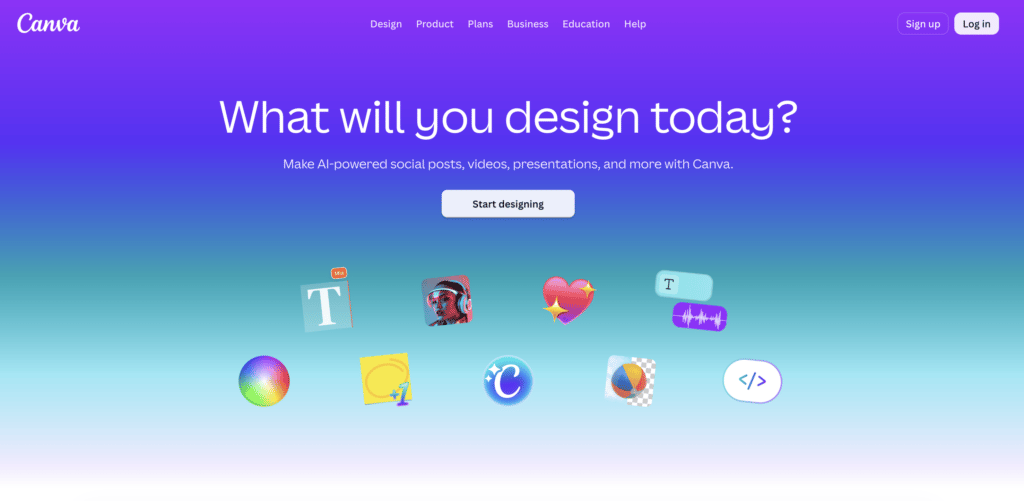 Page d’accueil de Canva présentant des outils de création assistés par l’IA, un menu de navigation, le bouton « Start designing » et une section principale consacrée aux publications sur les réseaux sociaux, aux vidéos, aux présentations et à d’autres projets créatifs.