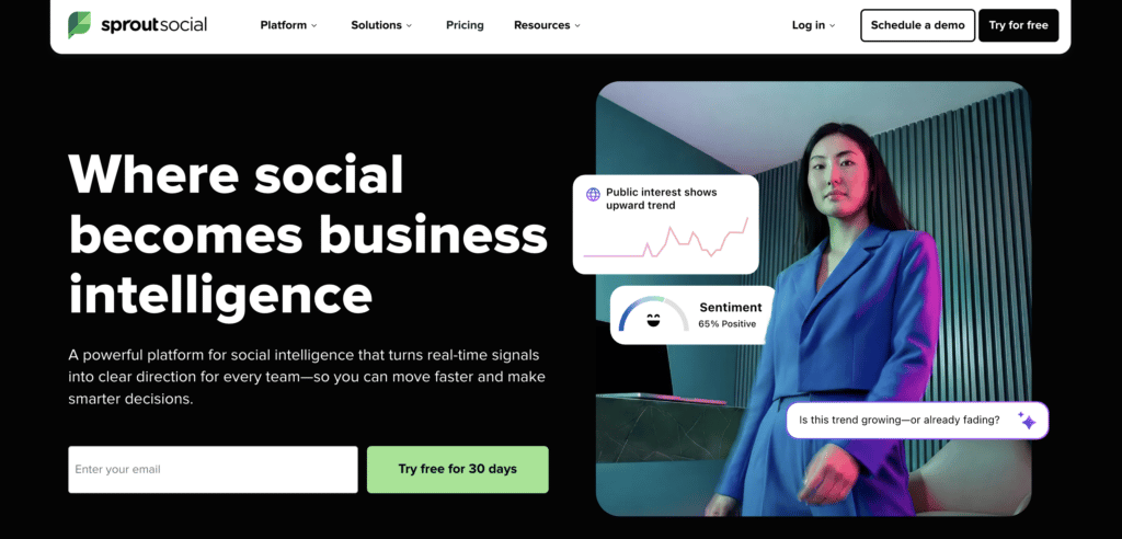 Page d’accueil de Sprout Social présentant la gestion et l’analyse des réseaux sociaux assistées par l’IA, avec des liens de navigation, des boutons d’essai gratuit et de démonstration, ainsi qu’une section principale consacrée à la veille sur les réseaux sociaux, à la connaissance client et à la prise de décision.