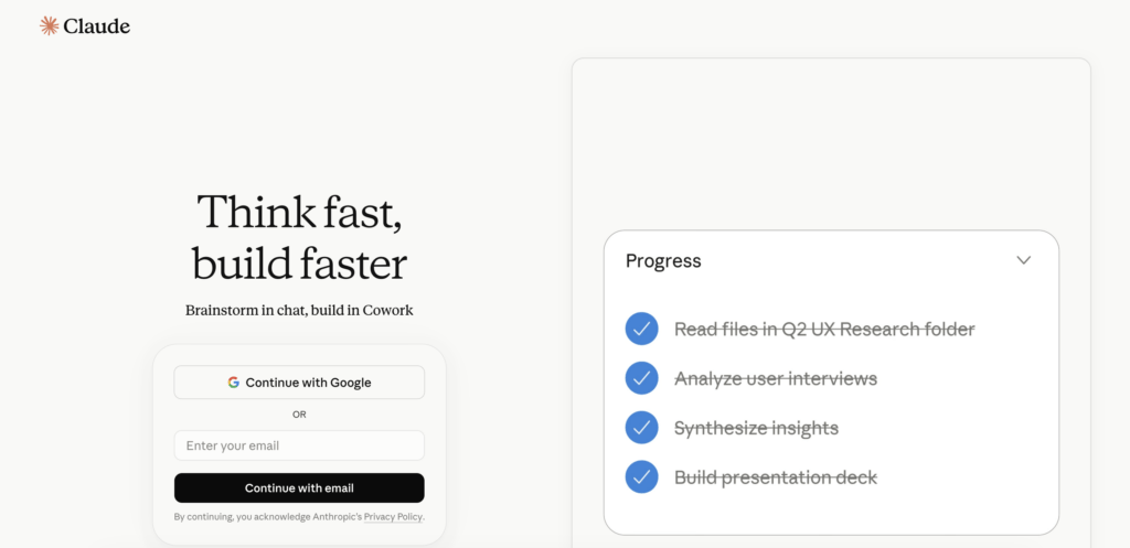Page d’accueil de Claude affichant la section principale « Think fast, build faster », des options d’inscription avec Google ou par email et un aperçu des fonctionnalités de gestion des tâches par IA.