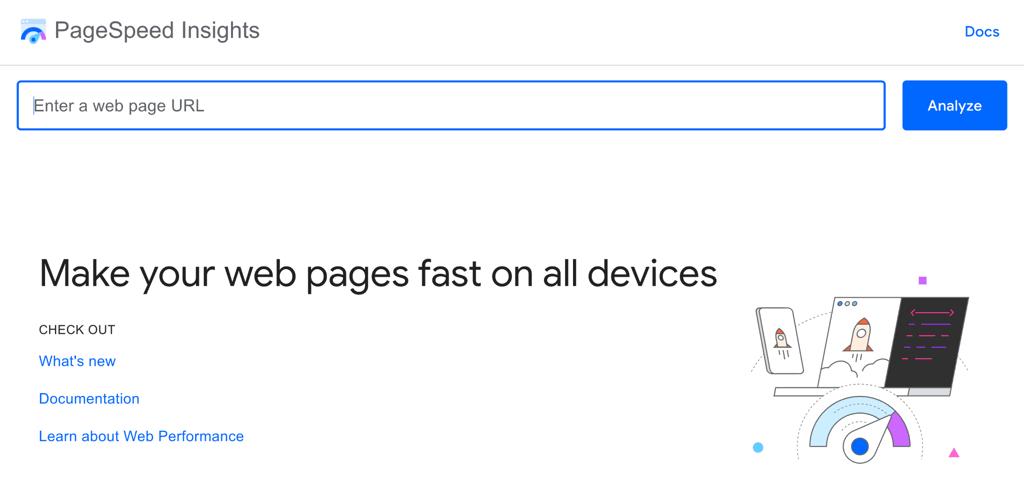 Page d'accueil de Pagespeed Insights