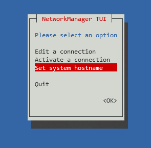 L’option Set system hostname dans la fenêtre TUI de NetworkManager