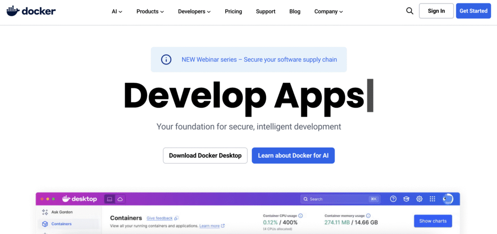Page d’accueil du site Docker