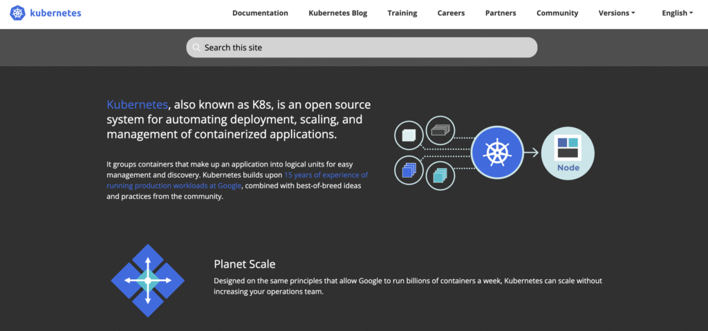Page d’accueil du site Kubernetes