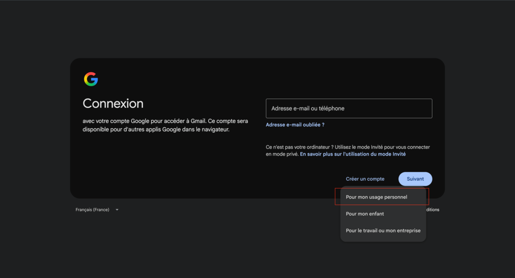 Option &laquo; Pour mon usage personnel &raquo; mise en &eacute;vidence sur la page de cr&eacute;ation d&rsquo;un compte Gmail