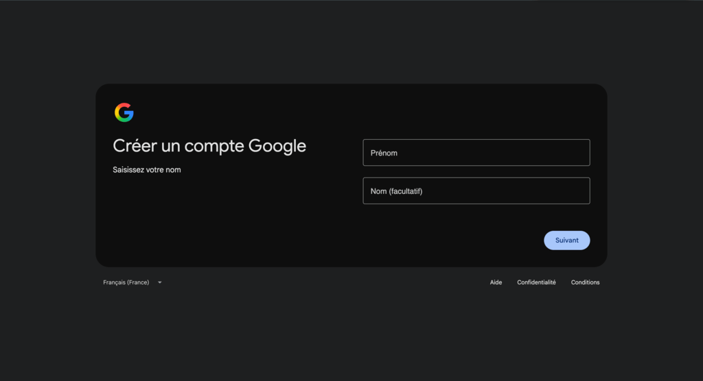 Champs Pr&eacute;nom et Nom lors de la cr&eacute;ation d&rsquo;un compte Gmail