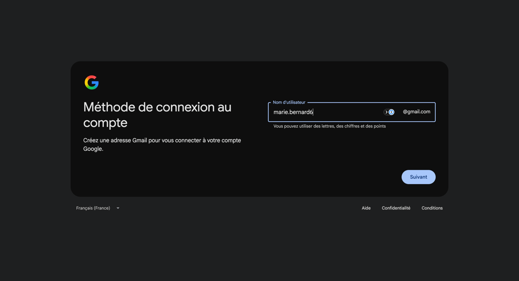 Page de cr&eacute;ation d&rsquo;une adresse email sur Gmail