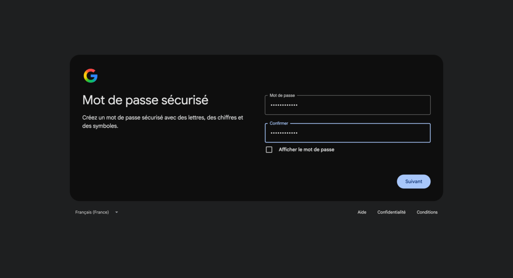 Page de cr&eacute;ation du mot de passe sur Gmail