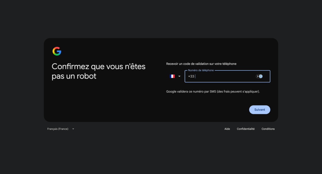 Page de v&eacute;rification du compte Gmail