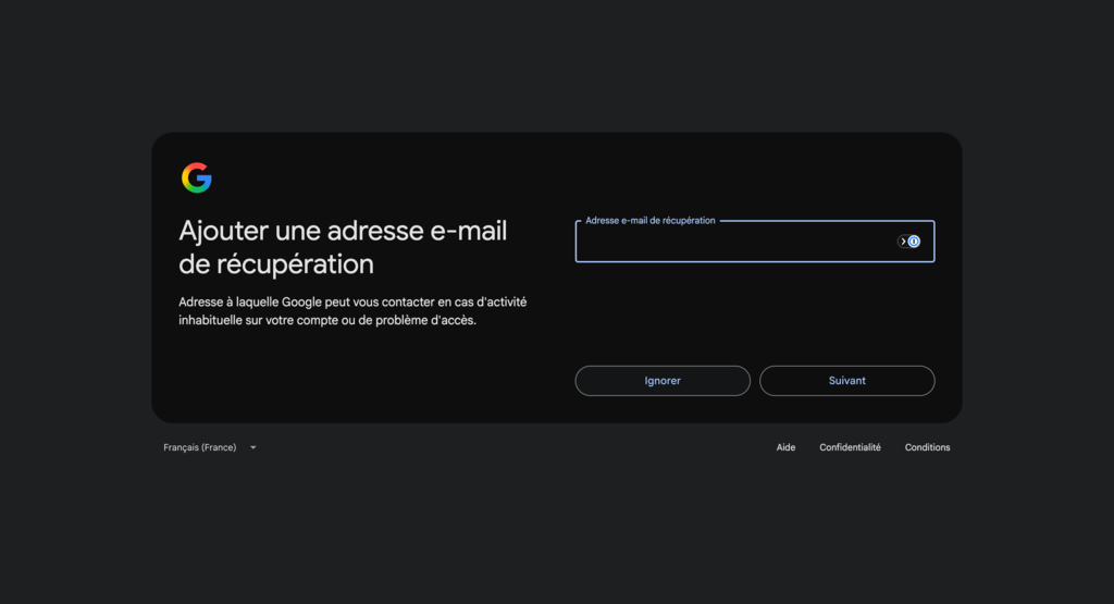 Champ Adresse email de r&eacute;cup&eacute;ration lors de la cr&eacute;ation d&rsquo;un compte Gmail