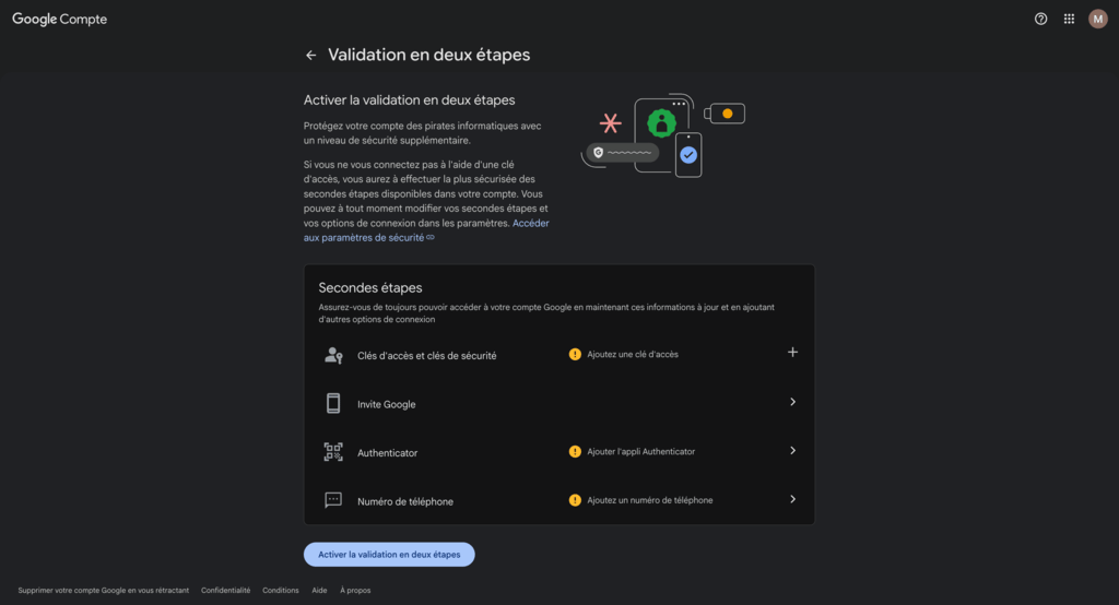 Param&egrave;tres de validation en deux &eacute;tapes du compte Google