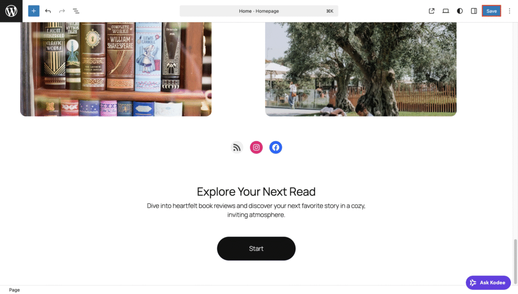 Bouton Enregistrer dans l’éditeur de site WordPress