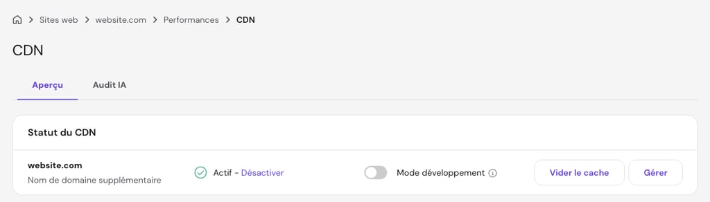 &Eacute;cran CDN de hPanel affichant une connexion CDN active pour un domaine, avec l&rsquo;option Mode d&eacute;veloppement et les commandes permettant de vider le cache ou de g&eacute;rer les param&egrave;tres
