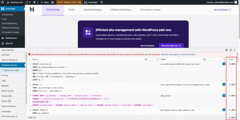 Fenêtre contextuelle de Query Monitor dans WordPress affichant des informations sur les performances, notamment le temps d’exécution de chaque requête de base de données