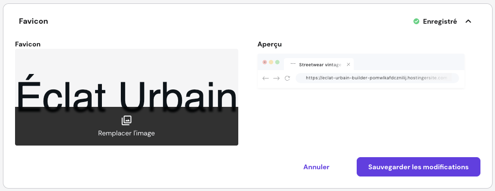 Menu de configuration du favicon dans le Créateur de sites internet de Hostinger