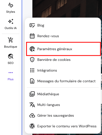 Paramètres généraux du site web dans le Créateur de sites internet de Hostinger