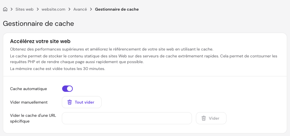 &Eacute;cran du Gestionnaire de cache de hPanel affichant l&rsquo;option Cache automatique activ&eacute;e, ainsi que les options permettant de vider le cache de toutes les pages ou celui d&rsquo;une URL sp&eacute;cifique