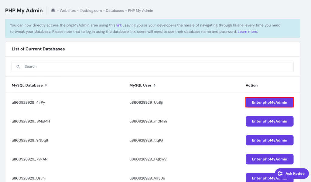 Section phpMyAdmin dans le hPanel de Hostinger, avec le bouton permettant d’accéder à une base de données MySQL mis en évidence