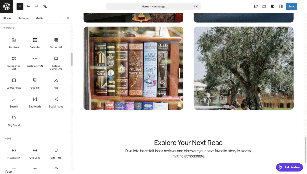 Section Widgets dans le panneau de tous les blocs WordPress