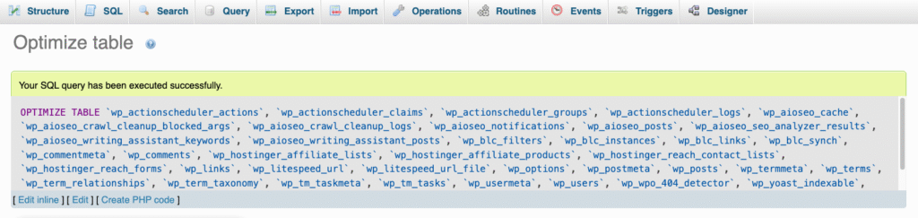 Message de confirmation de l’exécution d’une commande dans phpMyAdmin